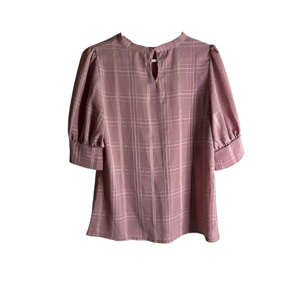 Pink Check Puff Sleeve Keyhole Back Button Blouse Sz Small Office Work Shirt - Picture 2 of 4
